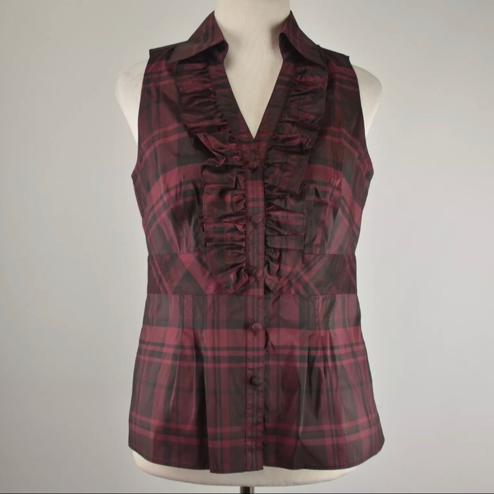 Ann Taylor Plaid Ruffle Blouse Peplum Silk Taffeta